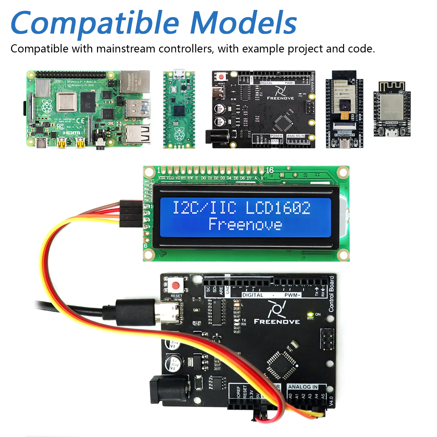 Freenove I2C IIC LCD 1602 2004 Module for Arduino Raspberry Pi Pico ESP32 ESP8266, Serial 16x2 20x4 Display - Image 3